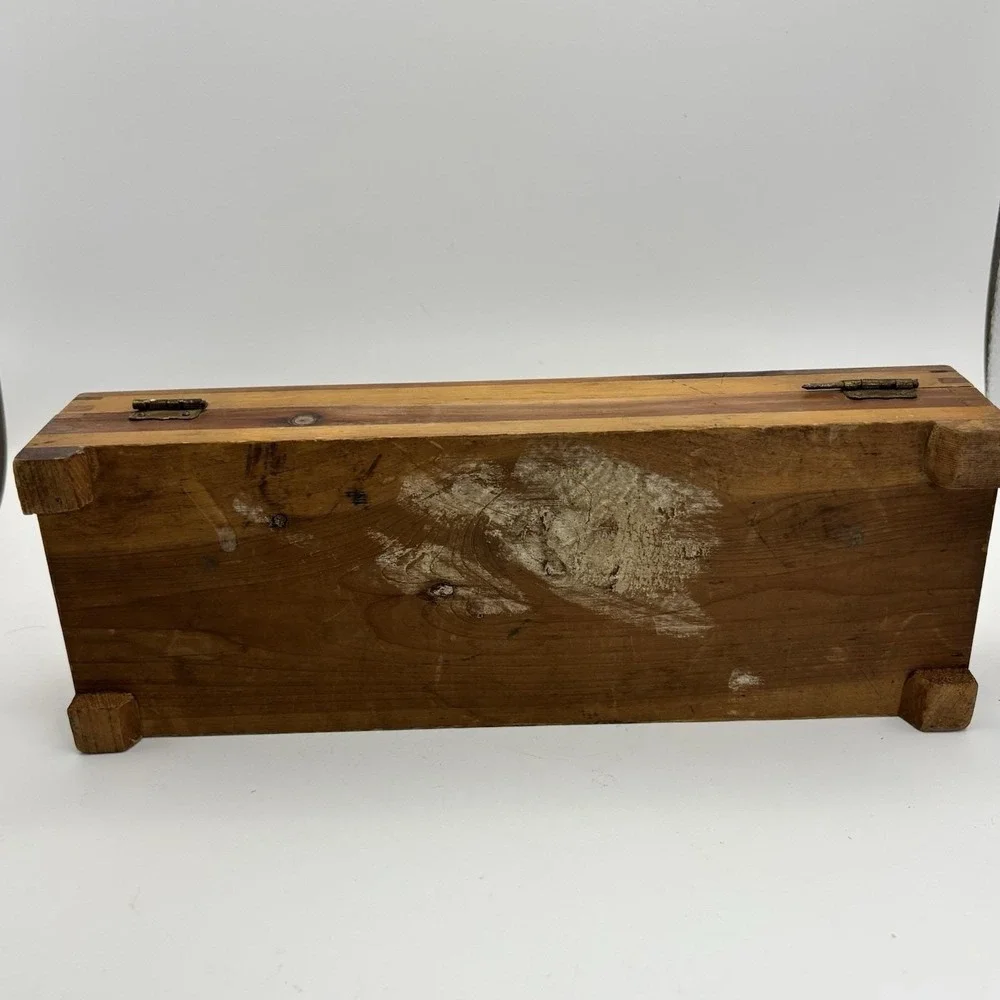 Vtg Wooden Jewelry / Trinket Box Dove Tail Joints Mirrored Dog Terrier HandPaint